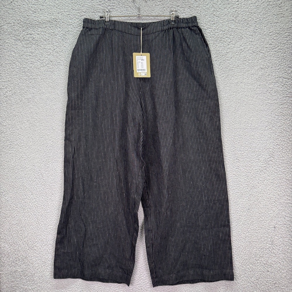 Gudrun Sjoden Pants Women XL Black Pinstripe Wide Leg Alva Linen Lagenlook Boho